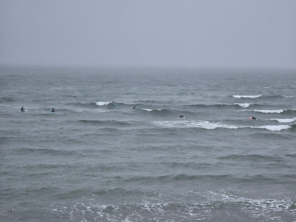 2-3ft waves, moderate W 14kts onshore wind, Air temp 16C, Water temp 17.9C, Low tide 21:46, High tide 15:24